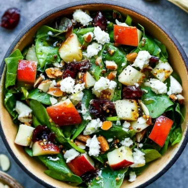 A cozy apple almond feta spinach salad with vibrant colors and healthy ingredients.