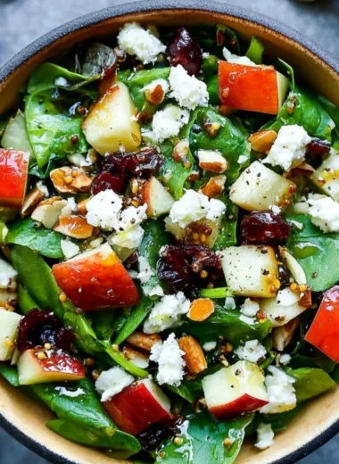 A cozy apple almond feta spinach salad with vibrant colors and healthy ingredients.