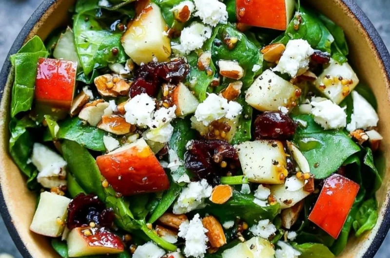 A cozy apple almond feta spinach salad with vibrant colors and healthy ingredients.