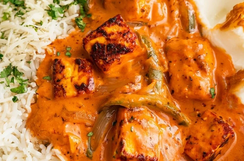 A bowl of cottage cheese tikka curry garnished with fresh cilantro and spices