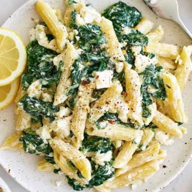 Cozy spinach feta pasta dish ready for a warm, comforting dinner