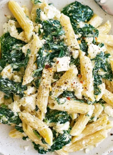Cozy spinach feta pasta dish ready for a warm, comforting dinner