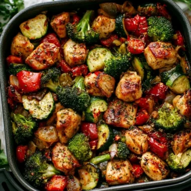 Air Fryer Chicken with colorful roasted veggies on a plate