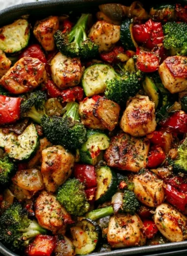 Air Fryer Chicken with colorful roasted veggies on a plate