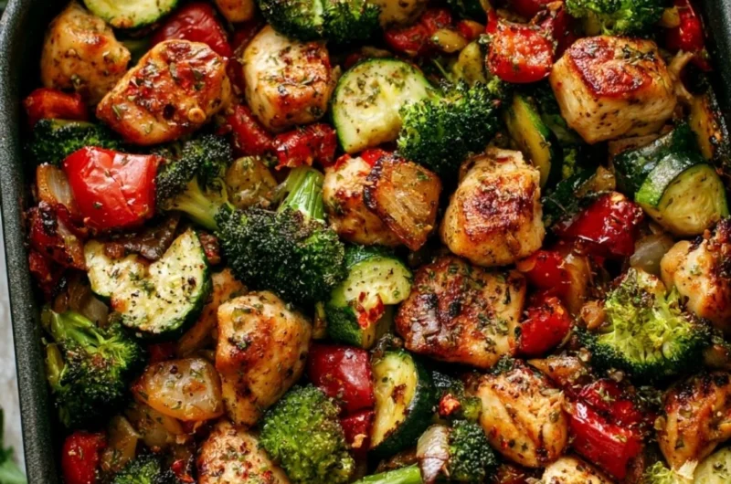 Air Fryer Chicken with colorful roasted veggies on a plate