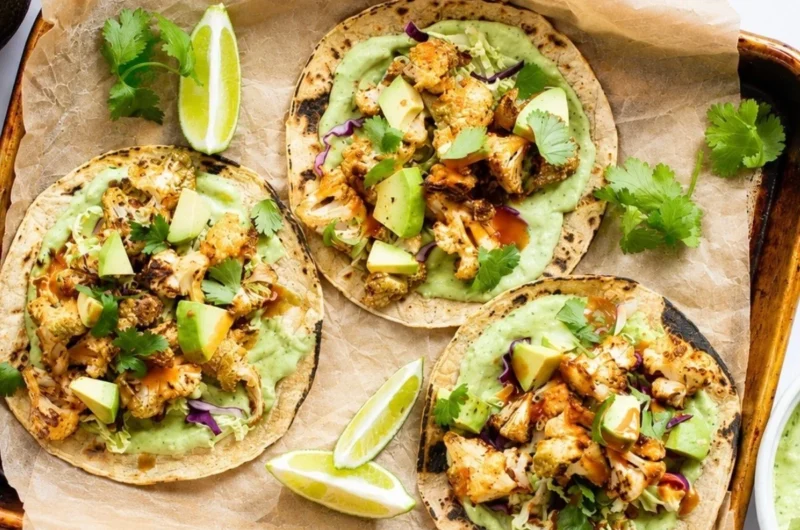 Cauliflower tacos topped with avocado cream sauce on a white plate