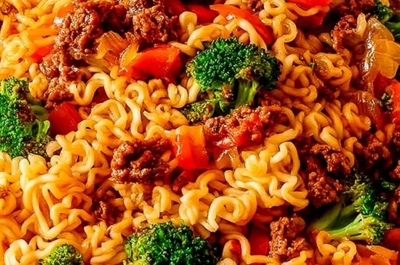 Cozy beef ramen noodles stir fry with vegetables and toppings served in a bowl