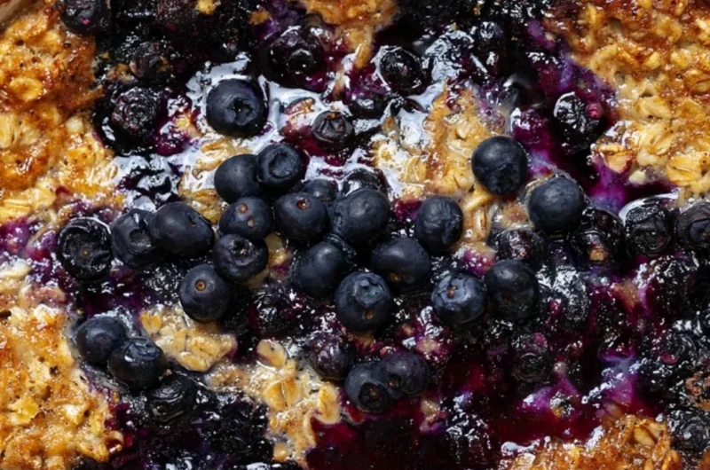 Delicious blueberry baked oatmeal served in a bowl, topped with fresh blueberries.