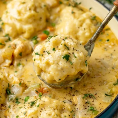 Bowl of cozy chicken and dumplings topped with herbs