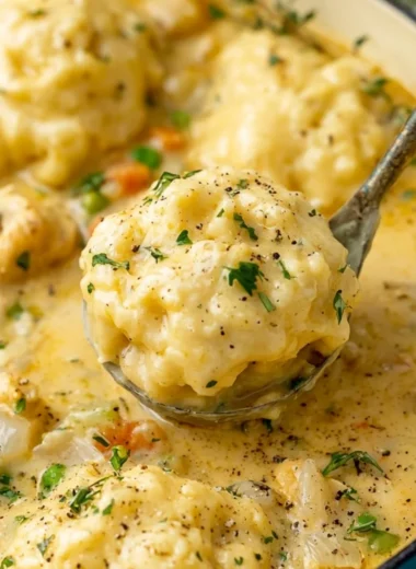 Bowl of cozy chicken and dumplings topped with herbs