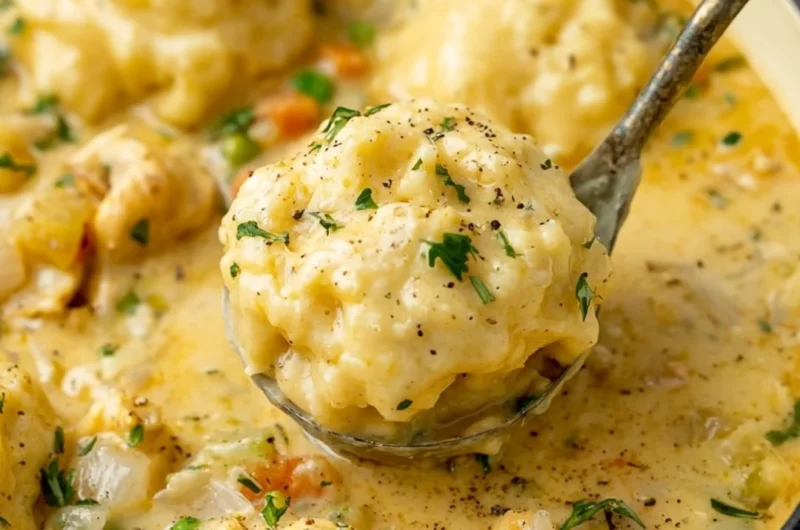 Bowl of cozy chicken and dumplings topped with herbs