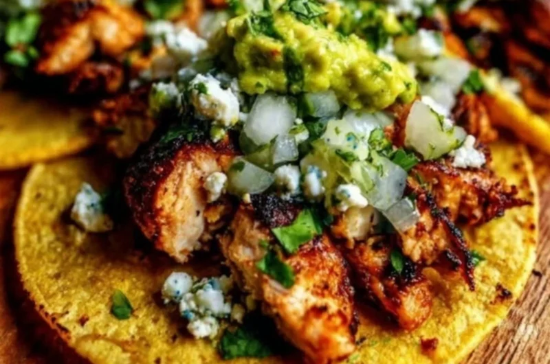 Cozy chicken street tacos with fresh toppings in a vibrant setting