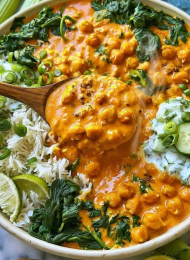 Bowl of cozy chickpea curry garnished with fresh herbs
