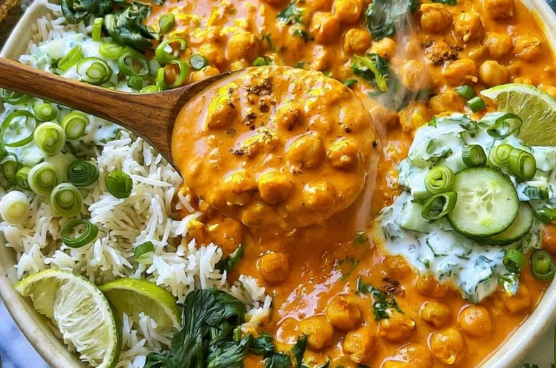 Bowl of cozy chickpea curry garnished with fresh herbs
