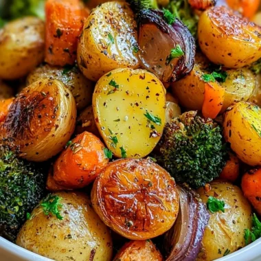 Cozy garlic herb roasted potatoes with colorful veggies on a serving platter