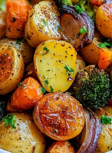 Cozy garlic herb roasted potatoes with colorful veggies on a serving platter