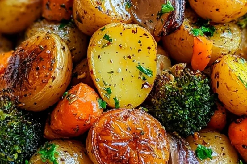 Cozy garlic herb roasted potatoes with colorful veggies on a serving platter