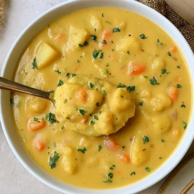 Bowl of cozy German Potato Soup topped with herbs and served with bread