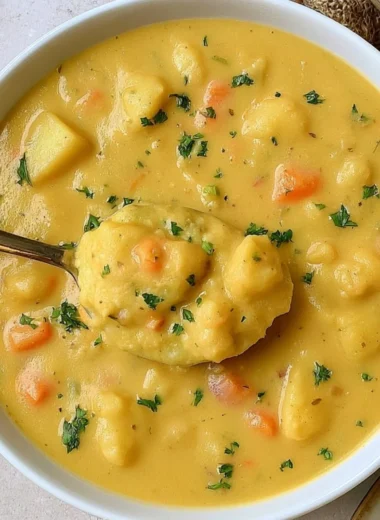 Bowl of cozy German Potato Soup topped with herbs and served with bread