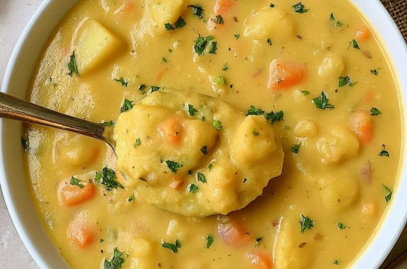 Bowl of cozy German Potato Soup topped with herbs and served with bread