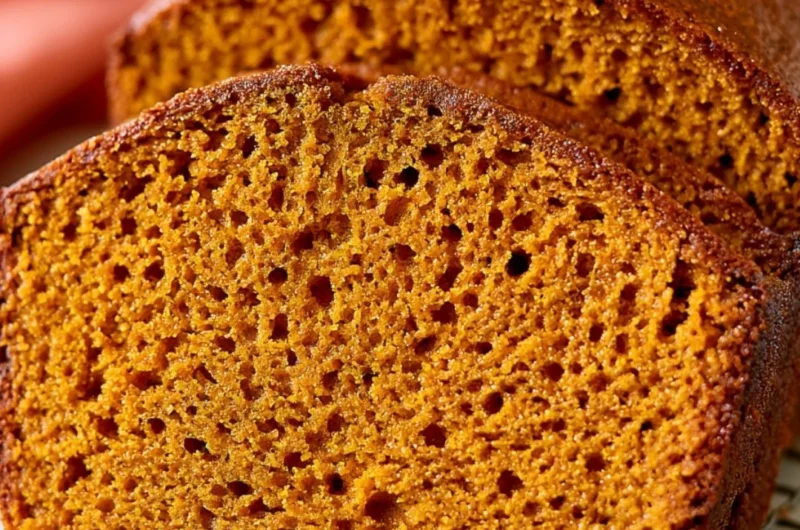 A slice of cozy healthy pumpkin bread on a rustic wooden table