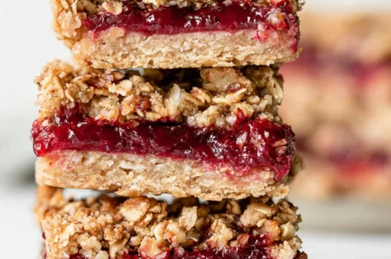 Cozy cranberry sauce oat bars topped with a sprinkle of oats and cranberries