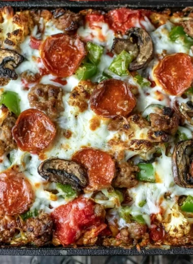 Cozy Low Carb Pizza Casserole with cheese, pepperoni, and vegetables