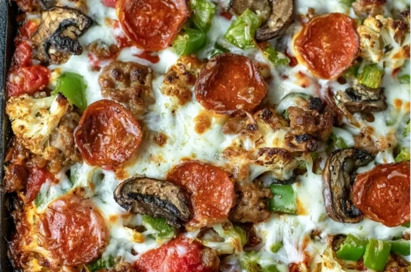 Cozy Low Carb Pizza Casserole with cheese, pepperoni, and vegetables