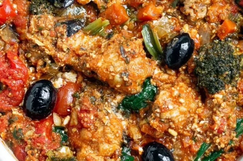 Plate of cozy Mediterranean chicken garnished with herbs and served with vegetables.