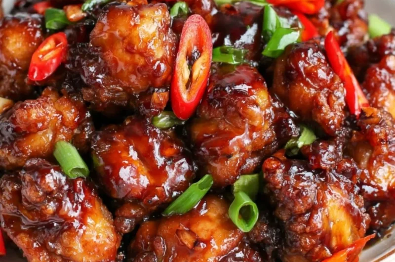 Cozy Mongolian Chicken served in a bowl with vegetables and sauce