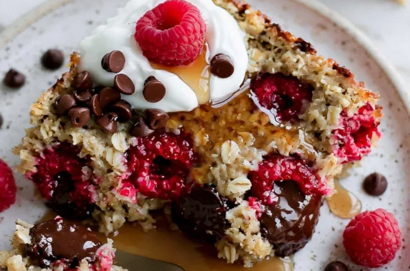 Cozy raspberry chocolate chip baked oatmeal in a baking dish