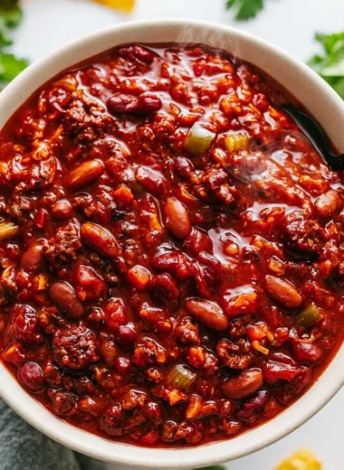 Bowl of cozy slow cooker chili topped with fresh herbs