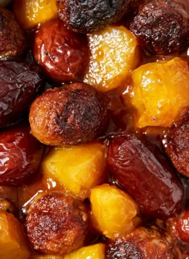 Slow cooker meatball pineapple smokies recipe served in a bowl