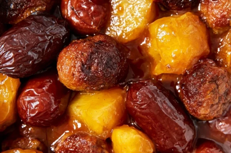 Slow cooker meatball pineapple smokies recipe served in a bowl