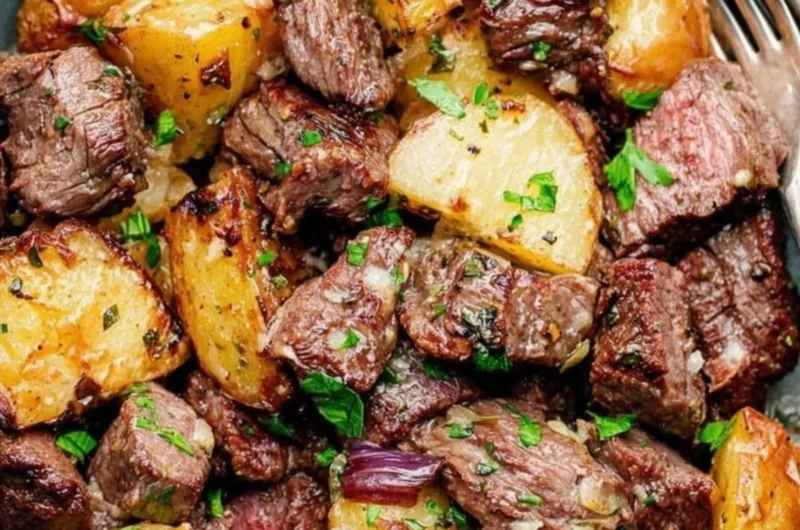 Cozy steak bites served with gnocchi in a warm, inviting setting