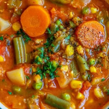Bowl of cozy vegetable soup with fresh ingredients and herbs.
