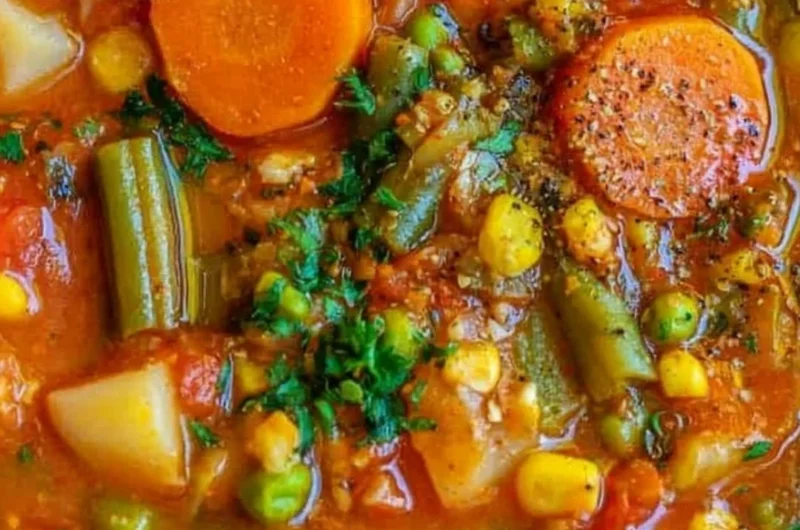 Bowl of cozy vegetable soup with fresh ingredients and herbs.