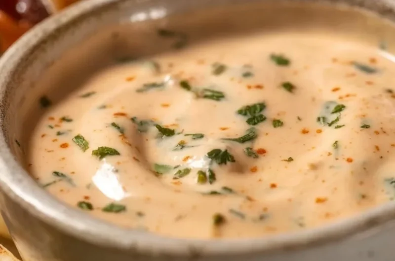 Creamy and spicy fish taco sauce served in a bowl with fresh ingredients.