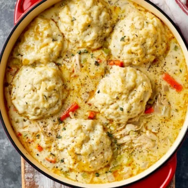 Bowl of creamy homemade chicken and dumplings with vegetables and herbs