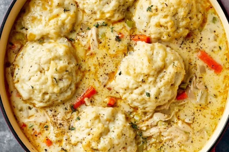 Bowl of creamy homemade chicken and dumplings with vegetables and herbs
