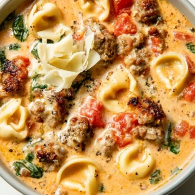 Bowl of creamy tortellini soup with fresh herbs and spices