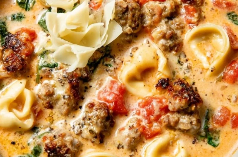 Bowl of creamy tortellini soup with fresh herbs and spices