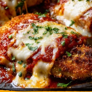 Crispy Chicken Parmesan with marinara sauce and melted cheese on a plate