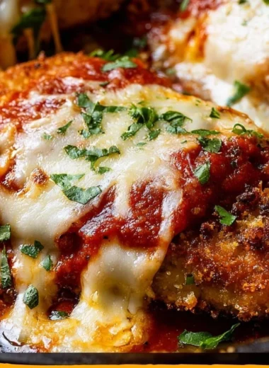 Crispy Chicken Parmesan with marinara sauce and melted cheese on a plate