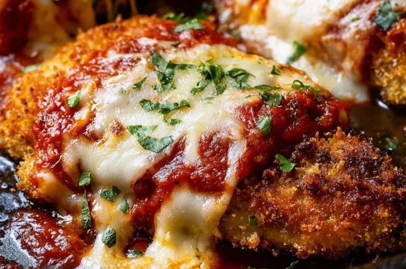 Crispy Chicken Parmesan with marinara sauce and melted cheese on a plate