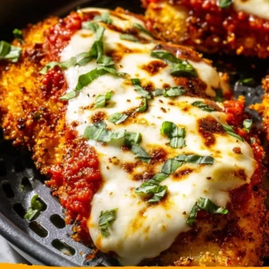 Crispy healthy chicken parmesan made in air fryer, served on a plate.