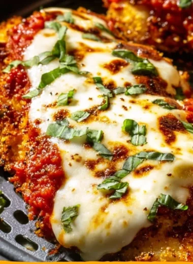Crispy healthy chicken parmesan made in air fryer, served on a plate.