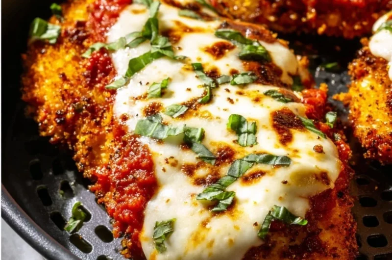 Crispy healthy chicken parmesan made in air fryer, served on a plate.