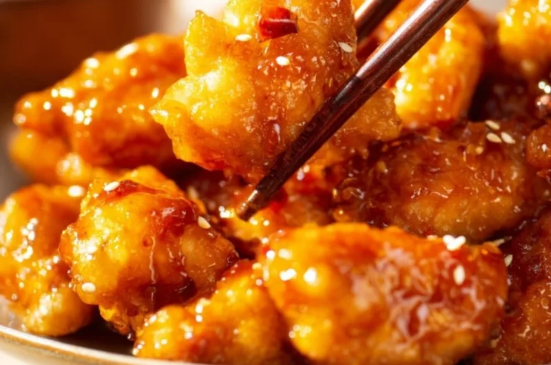 Crispy orange chicken served with fresh vegetables and garnished