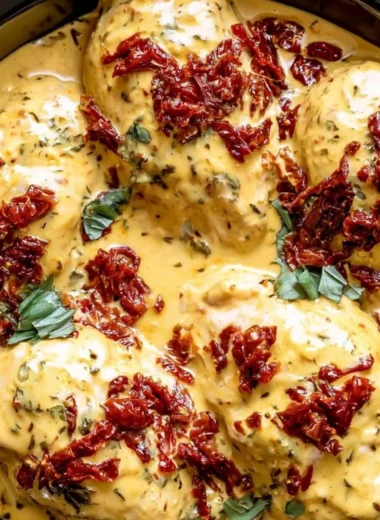 Crockpot Marry Me Chicken recipe served on a plate with herbs and spices.